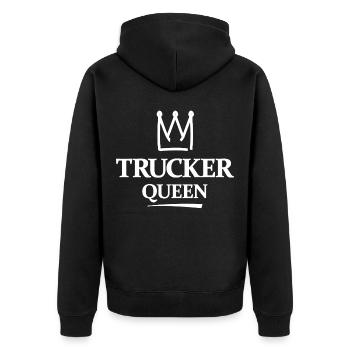 Trucker Queen Krone Typo Design - Unisex Premium Bio Zip Hoodie - Schwarz - Hinten - Nico (187cm)