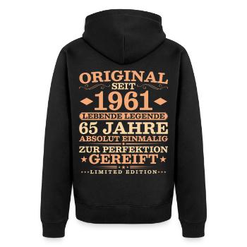 1961 Jahrgang 65 Jahre Absolut Einmalig - Unisex Premium Bio Zip Hoodie - Schwarz - Hinten - Nico (187cm)