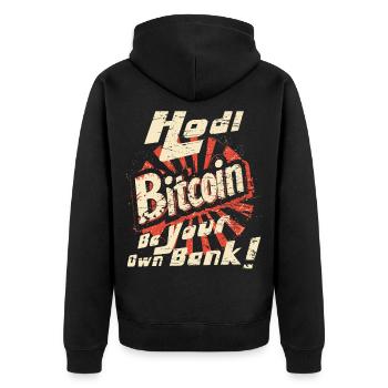 Orange Bitcoin HODL Vintage - Unisex Premium Bio Zip Hoodie - Schwarz - Hinten - Nico (187cm)