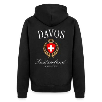 Davos Schweiz Wappen Krone – Reise Souvenir - Unisex Premium Bio Zip Hoodie - Schwarz - Hinten - Nico (187cm)