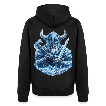 Viking Frost Warrior – Nordischer Eishelm Krieger  - Unisex Premium Bio Zip Hoodie - Schwarz - Hinten - Nico (187cm)