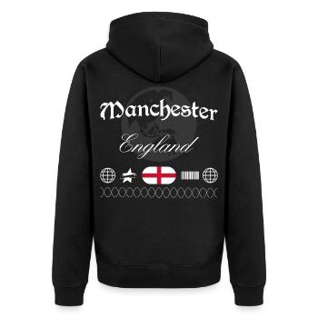Manchester England Streetwear Reise Souvenir - Unisex Premium Bio Zip Hoodie - Schwarz - Hinten - Nico (187cm)