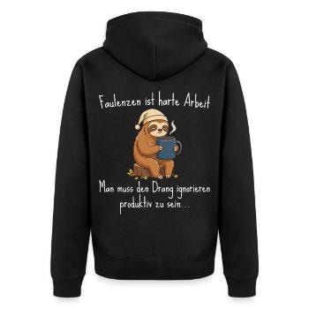 Faulenzen ist harte Arbeit – Faultier Kaffee - Unisex Premium Bio Zip Hoodie - Schwarz - Hinten - Nico (187cm)