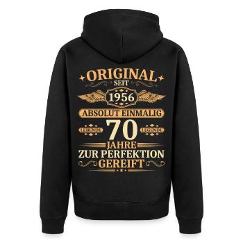 Original seit 1956 - Einmalig 70. Geburtstag - Unisex Premium Bio Zip Hoodie - Schwarz - Hinten - Nico (187cm)