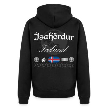 Ísafjörður Island Streetwear Reise Souvenir - Unisex Premium Bio Zip Hoodie - Schwarz - Hinten - Nico (187cm)