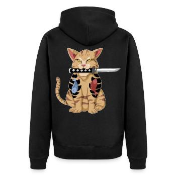 Katana-Katze Japanischer Samurai lustiges Kätzchengeschenk - Unisex Premium Bio Zip Hoodie - Schwarz - Hinten - Nico (187cm)