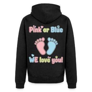 Geschlechterenthüllung Pink oder Blau Wir lieben dich Babyparty - Unisex Premium Bio Zip Hoodie - Schwarz - Hinten - Nico (187cm)