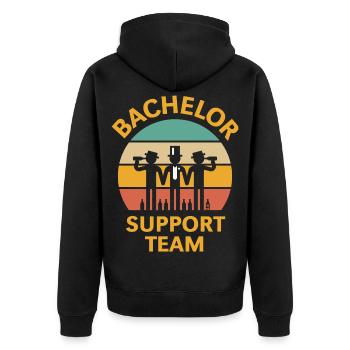 Junggesellen-Support-Team (Junggesellenabschied / Sonnenuntergang / 5C) - Unisex Premium Bio Zip Hoodie - Schwarz - Hinten - Nico (187cm)
