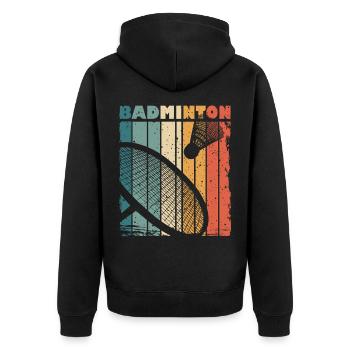 Retro Druck mit Badminton Schläger und Federball - Unisex Premium Bio Zip Hoodie - Schwarz - Hinten - Nico (187cm)