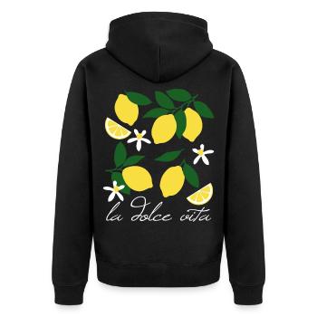 La Dolce Vita Zitronen - Unisex Premium Bio Zip Hoodie - Schwarz - Hinten - Nico (187cm)