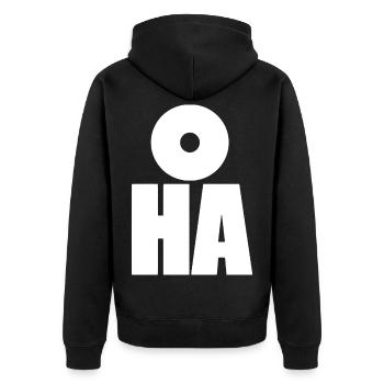 Oha! Fette minimalistische Typografie - Unisex Premium Bio Zip Hoodie - Schwarz - Hinten - Nico (187cm)