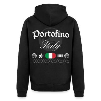 Portofino, Italie, souvenir de voyage streetwear - Veste à capuche bio Premium Unisexe - noir - Dos - Nico (187cm)