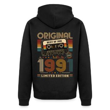 35. Geburtstag Geschenk Mann Kassette Best of 1991 - Unisex Premium Bio Zip Hoodie - Schwarz - Hinten - Nico (187cm)