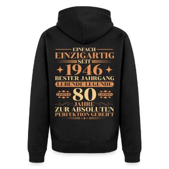 Einzigartig seit 1946 – Legende 80. Geburtstag - Unisex Premium Bio Zip Hoodie - Schwarz - Hinten - Nico (187cm)