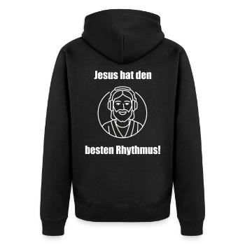 Lustiges Jesus T-Shirt Rock Musik & Glaube  - Unisex Premium Bio Zip Hoodie - Schwarz - Hinten - Nico (187cm)