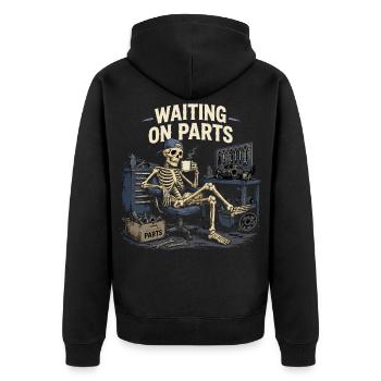 Wartet auf Ersatzteile | DIY-Garagenhumor - Unisex Premium Bio Zip Hoodie - Schwarz - Hinten - Nico (187cm)