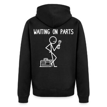 Wartet auf Ersatzteile | DIY-Garagenhumor - Unisex Premium Bio Zip Hoodie - Schwarz - Hinten - Nico (187cm)