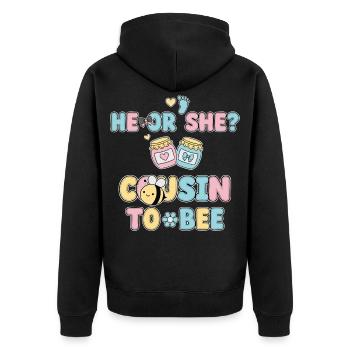 Gender Reveal He Or She Cousin To Bee Baby Shower - Unisex Premium Organic Zip Hoodie - black - Back - Nico (187cm)