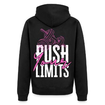 Push Your Limits Fitness Icon - Unisex Premium Bio Zip Hoodie - Schwarz - Hinten - Nico (187cm)