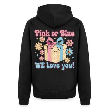Geschlechterenthüllung Pink oder Blau Wir lieben dich Babyparty - Unisex Premium Bio Zip Hoodie - Schwarz - Hinten - Nico (187cm)