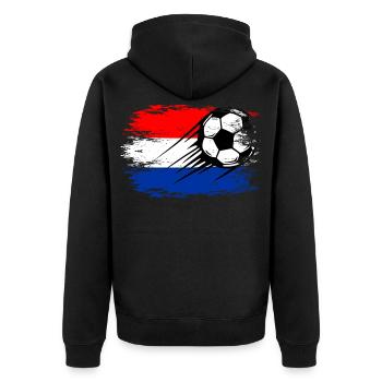 Holland Flagge Fußball used - Unisex Premium Bio Zip Hoodie - Schwarz - Hinten - Nico (187cm)