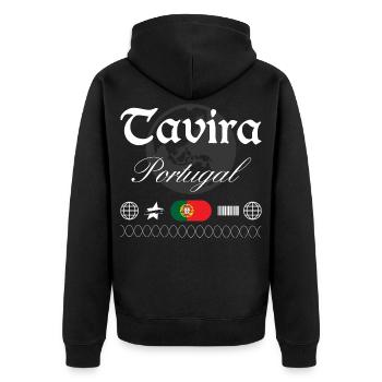 Tavira Portugal Streetwear Reise Souvenir - Unisex Premium Bio Zip Hoodie - Schwarz - Hinten - Nico (187cm)