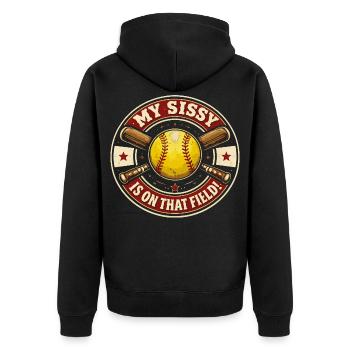 Softball My Little Sister Is On The Court | Badge - Unisex Premium Organic Zip Hoodie - black - Back - Nico (187cm)