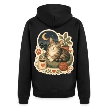 Gemütliche Katze Kaffee Garn - Unisex Premium Bio Zip Hoodie - Schwarz - Hinten - Nico (187cm)