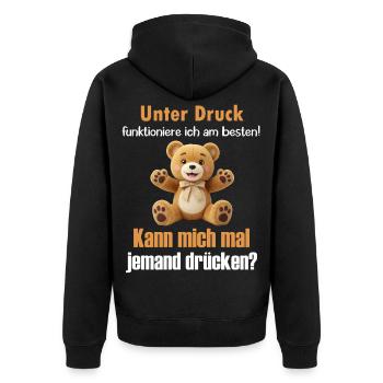 Unter Druck funktioniere ich am besten Teddy Bär - Unisex Premium Bio Zip Hoodie - Schwarz - Hinten - Nico (187cm)