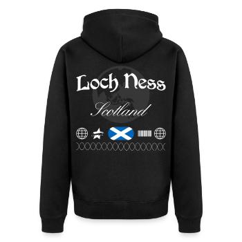 Souvenir de voyage pour le streetwear du Loch Ness, Écosse, - Veste à capuche bio Premium Unisexe - noir - Dos - Nico (187cm)