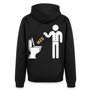 NZS In’s Klo, In Die Toilette! Gegen Rechts NEG 2C - Unisex Premium Bio Zip Hoodie - Schwarz - Hinten - Nico (187cm)