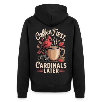 Kaffee zuerst, Kardinal später - Unisex Premium Bio Zip Hoodie - Schwarz - Hinten - Nico (187cm)