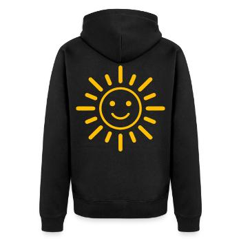 Sonnenlächeln – Fröhliche Sonne mit Gesicht - Unisex Premium Bio Zip Hoodie - Schwarz - Hinten - Nico (187cm)