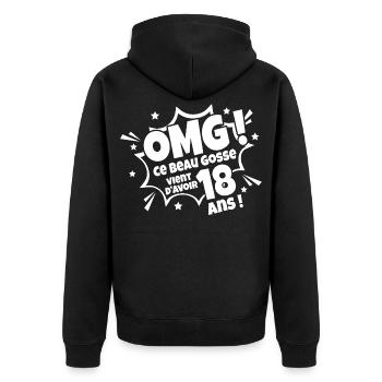 Anniversaire 18 ans Cadeau humour personnalisé - Veste à capuche bio Premium Unisexe - noir - Dos - Nico (187cm)