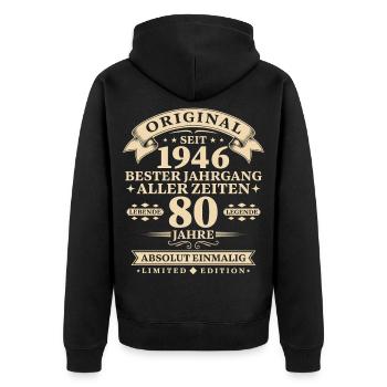Original 1946 Bester Jahrgang 80. Geburtstag - Unisex Premium Bio Zip Hoodie - Schwarz - Hinten - Nico (187cm)