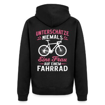 unterschätze niemals eine frau auf einem fahrrad - Unisex Premium Bio Zip Hoodie - Schwarz - Hinten - Nico (187cm)
