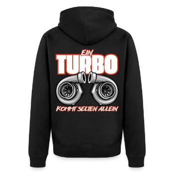 Turbo kommt selten allein - Unisex Premium Bio Zip Hoodie - Schwarz - Hinten - Nico (187cm)