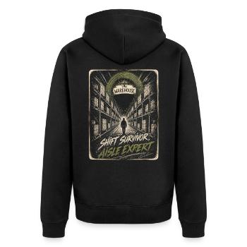 Funny Warehouse Shift Survivor Aisle Expert Retro - Unisex Premium Organic Zip Hoodie - black - Back - Nico (187cm)