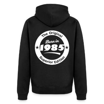 Né en 1985 Édition originale - Veste à capuche bio Premium Unisexe - noir - Dos - Nico (187cm)