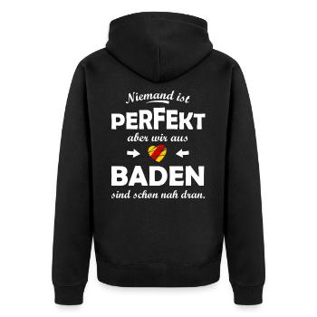 Niemand ist perfekt, aber wir aus Baden - Unisex Premium Bio Zip Hoodie - Schwarz - Hinten - Nico (187cm)