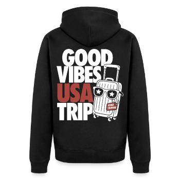 USA Road Trip Design - Unisex Premium Bio Zip Hoodie - Schwarz - Hinten - Nico (187cm)