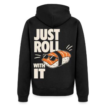 Just Roll With It Sushi Motiv - Unisex Premium Bio Zip Hoodie - Schwarz - Hinten - Nico (187cm)
