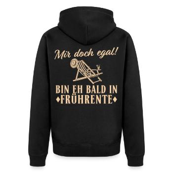 Altersteilzeit Liegestuhl Eh bald in Frührente - Unisex Premium Bio Zip Hoodie - Schwarz - Hinten - Nico (187cm)