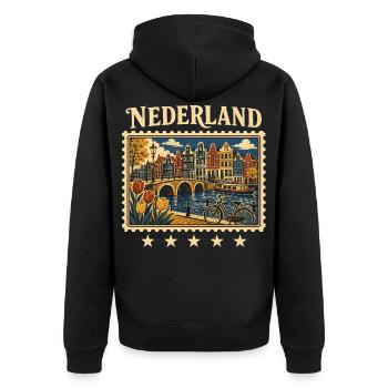 Amsterdam Grachten Reisemarke - Unisex Premium Bio Zip Hoodie - Schwarz - Hinten - Nico (187cm)