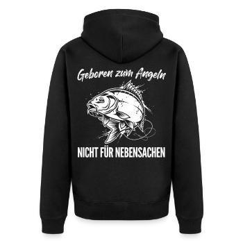 Geboren zum Angeln – Nicht für Nebensachen - Unisex Premium Bio Zip Hoodie - Schwarz - Hinten - Nico (187cm)