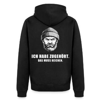 Ich habe zugehört – Norddeutscher Humor - Unisex Premium Bio Zip Hoodie - Schwarz - Hinten - Nico (187cm)