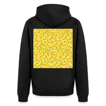 Motif jaune floral des années 60 - Veste à capuche bio Premium Unisexe - noir - Dos - Nico (187cm)