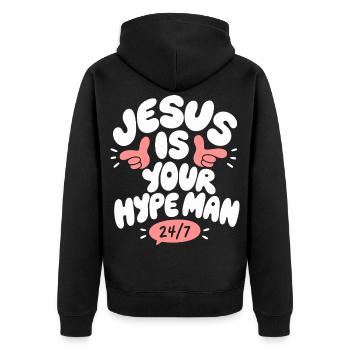 Jesus Is Your Man - Unisex Premium Bio Zip Hoodie - Schwarz - Hinten - Nico (187cm)
