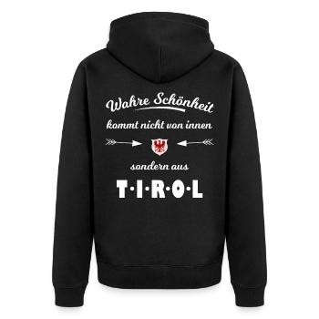 Tiroler Schönheit: Aus Tirol - Unisex Premium Bio Zip Hoodie - Schwarz - Hinten - Nico (187cm)