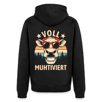 Voll Muhtiviert | Coole Retro Kuh Wortspiel - Unisex Premium Bio Zip Hoodie - Schwarz - Hinten - Nico (187cm)